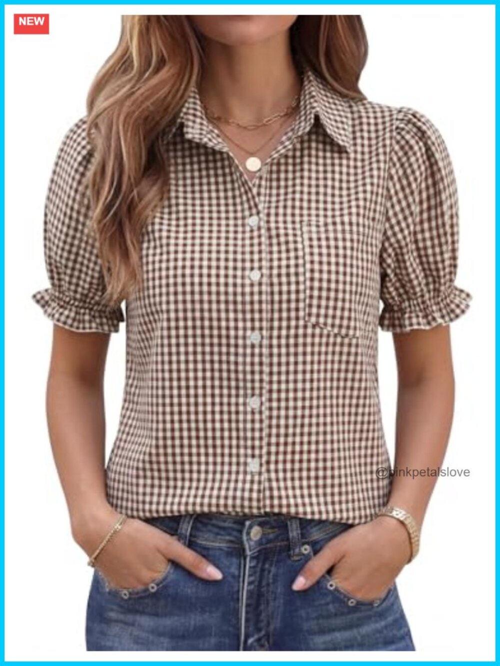 Linen Button Down Blouse Puff Sleeve V-Neck Collared Shirt
